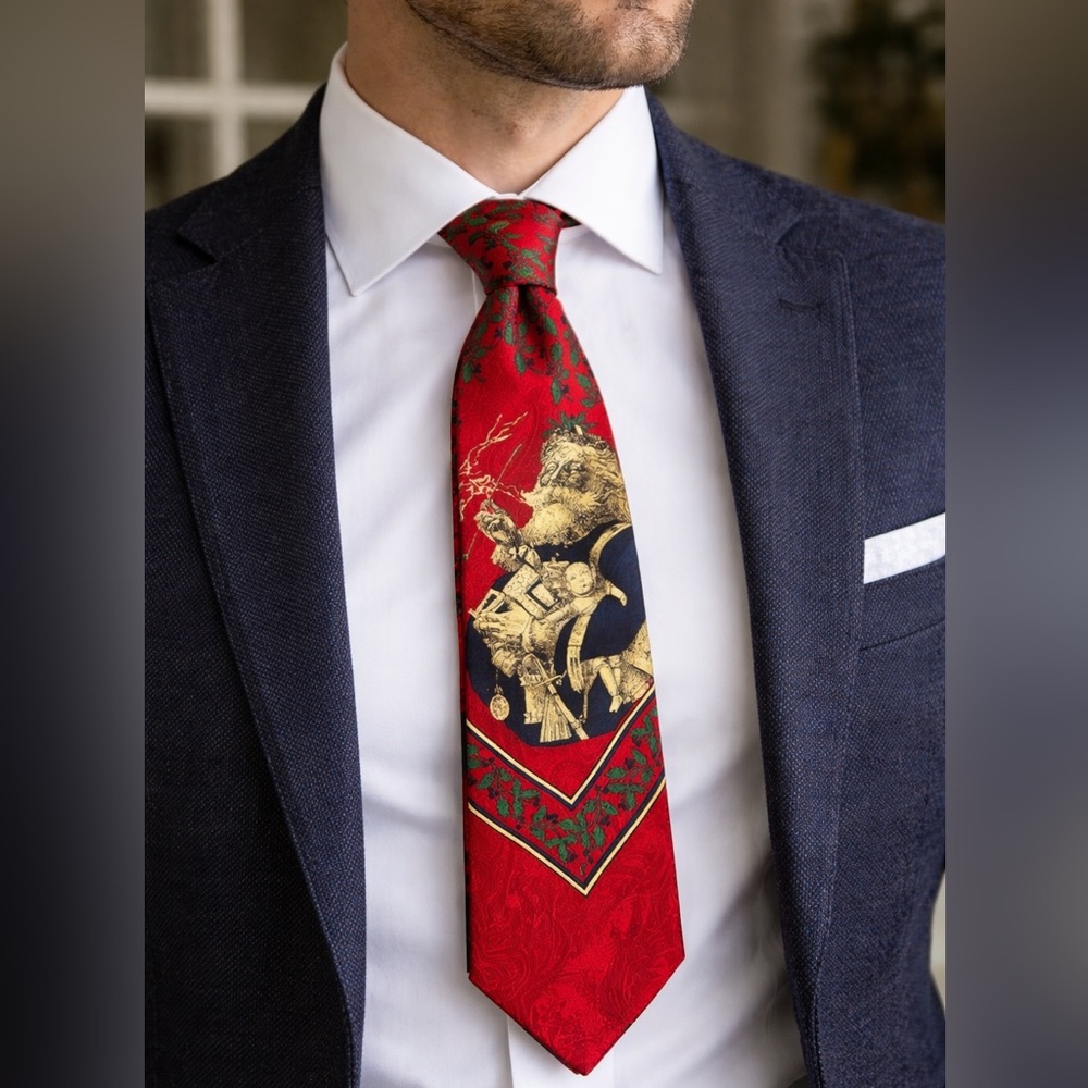 Ferrell Reed Santa Christmas Silk Tie Red Holiday Novelty Necktie